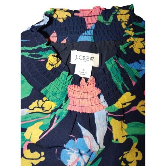 J. Crew Womens Sleeveless Ruffle Neck Top 4 Navy Floral Print Blouse Cottagecore - Picture 2 of 8